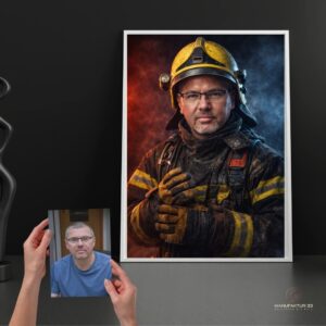 Personalisiertes Feuerwehr-Porträt nach Foto. Starkes Fine-Art-Kunstwerk im Einsatzlook