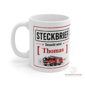 Personalisierte Feuerwehrmann Tasse im Steckbrief Design