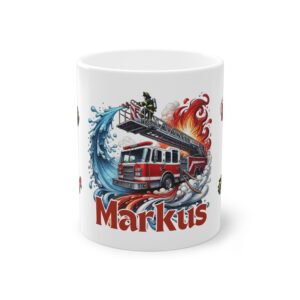 Personalisierte Feuerwehr Tasse mit Namen – Feuerwehrmann Geschenk mit Feuerwehrauto