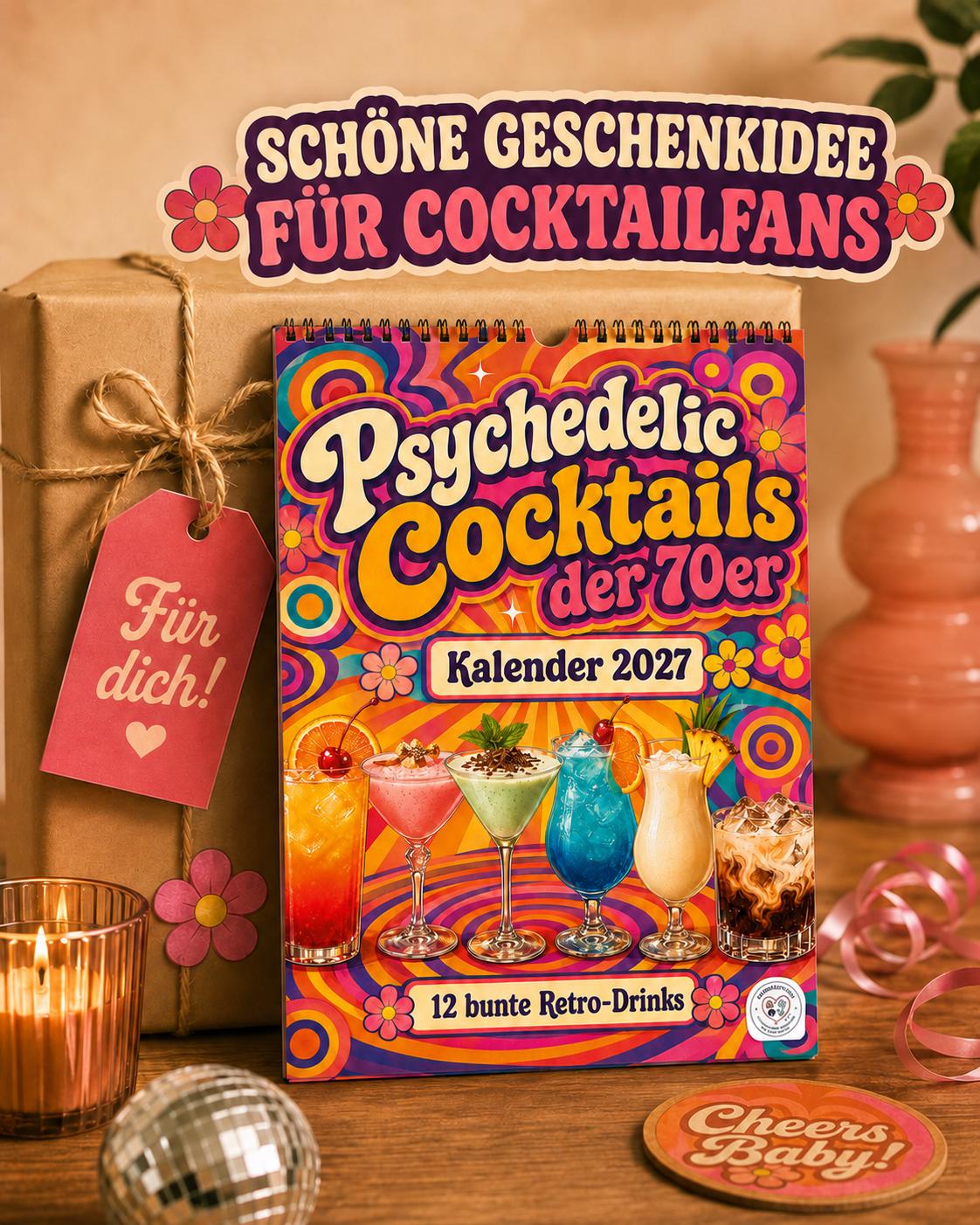 70er Jahre Cocktail Kalender 2027 – Psychedelic Wandkalender mit Rezepten
