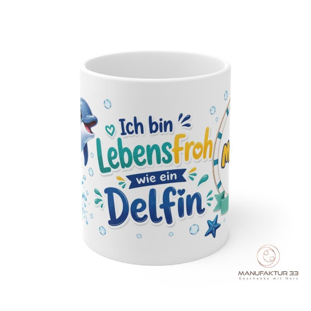 Personalisierte Kindertasse Delfin – Ich bin lebensfroh wie ein Delfin – Bild 2