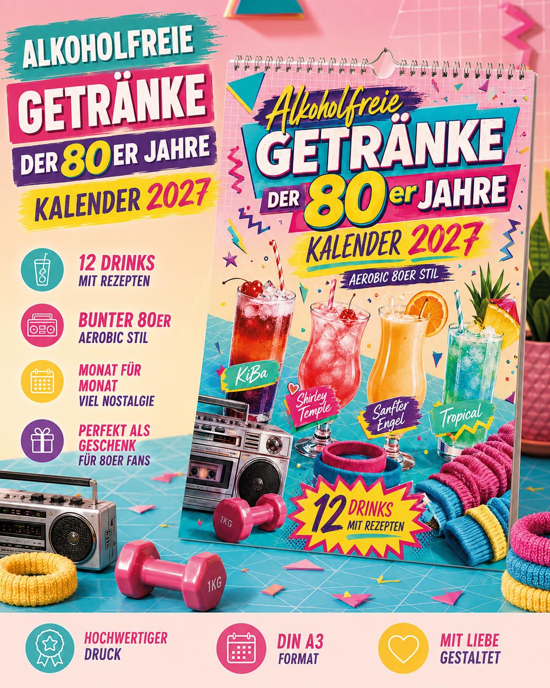 Alkoholfreie Getränke Kalender 2027 – 80er Jahre Wandkalender mit Rezepten