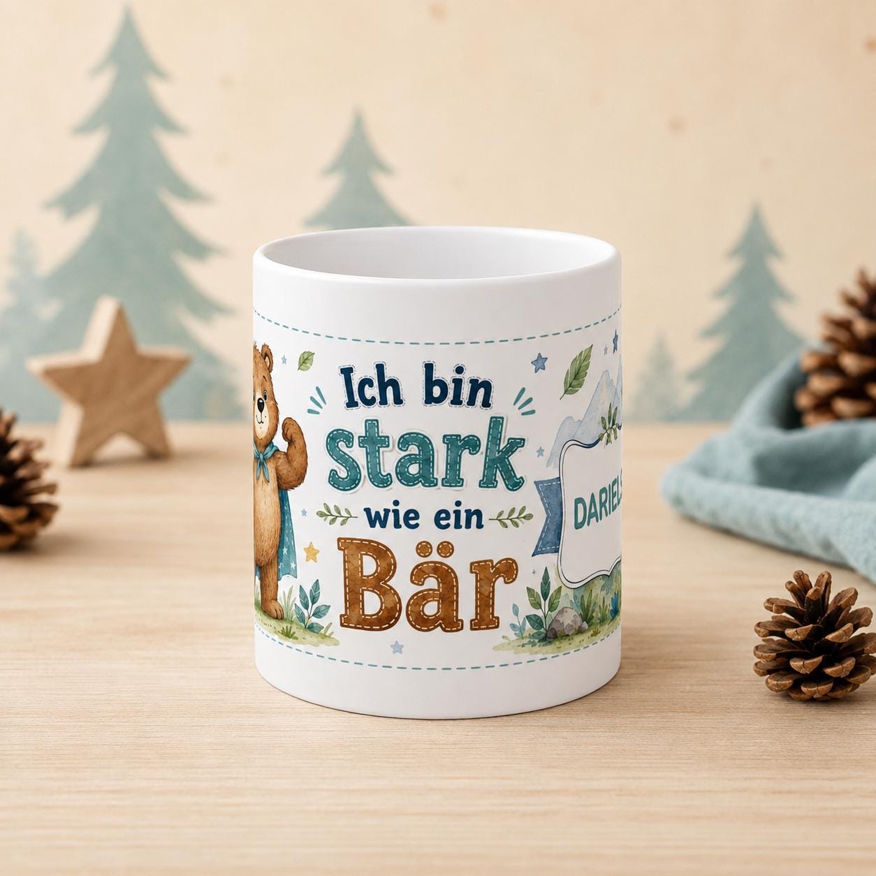 Personalisierte Kindertasse mit Bär – Ich bin stark wie ein Bär