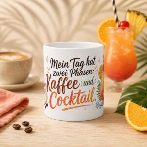 Kaffeetasse mit Cocktailspruch – Mein Tag hat zwei Phasen Kaffee und Cocktail