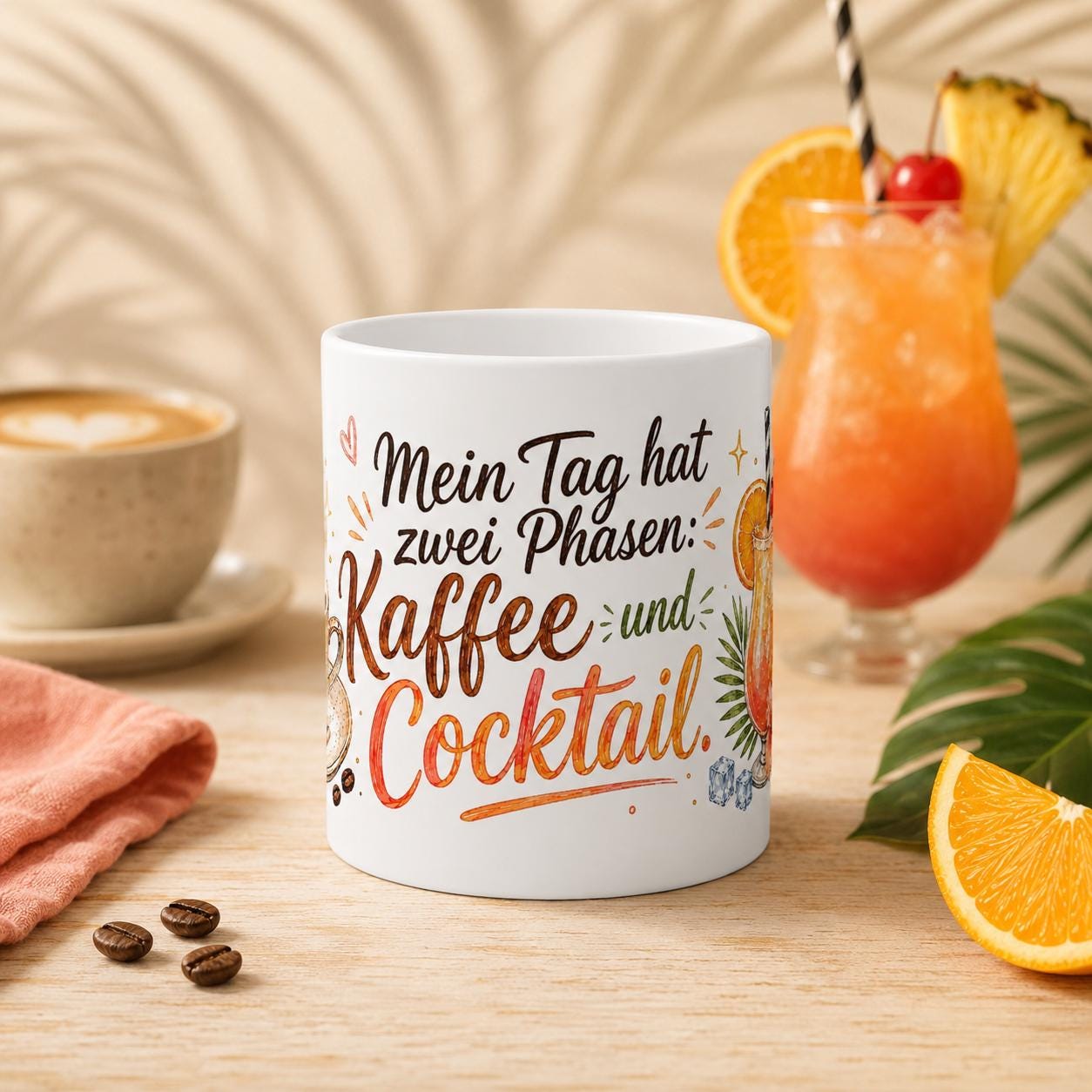 Kaffeetasse mit Cocktailspruch – Mein Tag hat zwei Phasen Kaffee und Cocktail