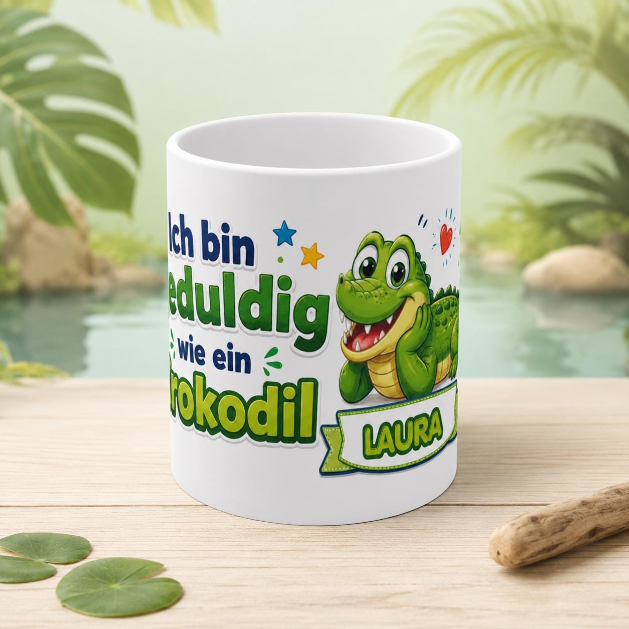 Personalisierte Kindertasse Krokodil – Ich bin geduldig wie ein Krokodil